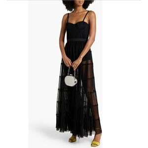 Alice + Olivia Deena Pleated Organza Maxi Dress 10 Black Semi Sheer Tiered Skirt